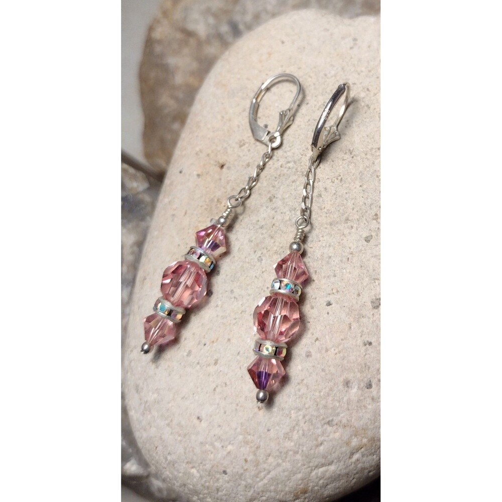 Vintage Sterling Silver Pink Crystal Aurora Borealis Bead Chain Dangle Earrings